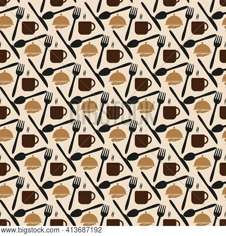 Seamless Pattern Spoons, Knives, Forks, Trays And Glasses For The Background Of Restaurants, Cafes, 