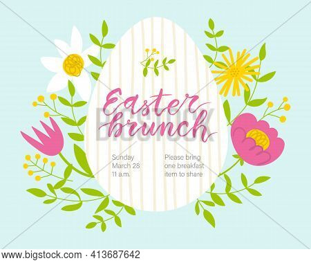 Easter Brunch Invitation. Cute Floral Egg-shaped Frame And Hand Written Lettering.