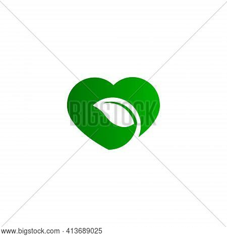 Vector Illustration Of Green Leaf And Heart For Icon, A Symbol For Natural Lovers. Organic Product L