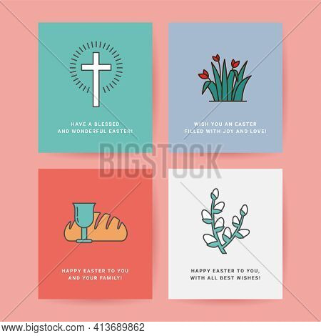 Easter Set Of Postcards, Gift Tags, Layouts Drawn In A Linear Style With A Stroke. Christian Symbol 