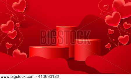 Paper Cut Background 3d Illustration With Red Podium, Show Stand For Advertising Brand Products. Val
