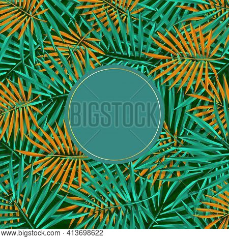 Green Palm Leaf Vector For Background. Tropical Palm Frond Frame. Summer Tropical Leaves. Summer Gre
