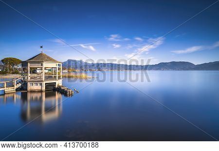Gazebo Pier Or Jetty And Lake At Sunrise. Torre Del Lago Puccini, Versilia, Massaciuccoli Lake, Tusc