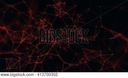 Red Abstract Space With Connecting Dots And Lines. 3d Rendering. Dark Background.