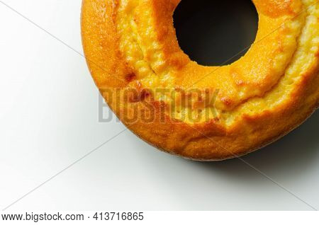 Freshly Made Madeira Ring Loaf Cake Decorated On White Background