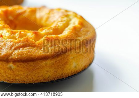 Freshly Made Madeira Ring Loaf Cake Decorated On White Background