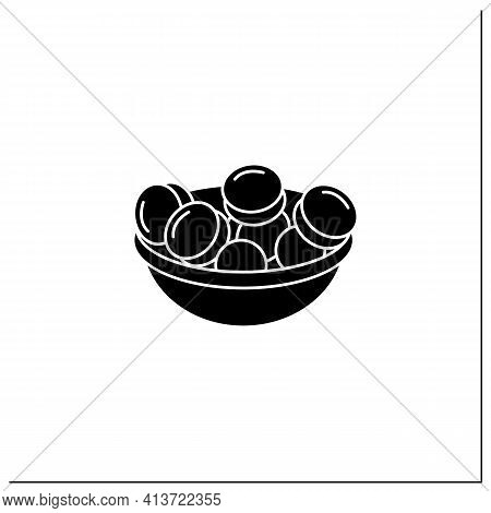 Ume Glyph Icon.salted Japanese Plums.umeboshi Fruit Into Bowl.spring Japanese Food Concept. Filled F