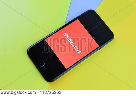 Klang,malaysia: March 23rd 2021- Smartphone With Shutterstock App On Screen. Shutterstock Is Global 