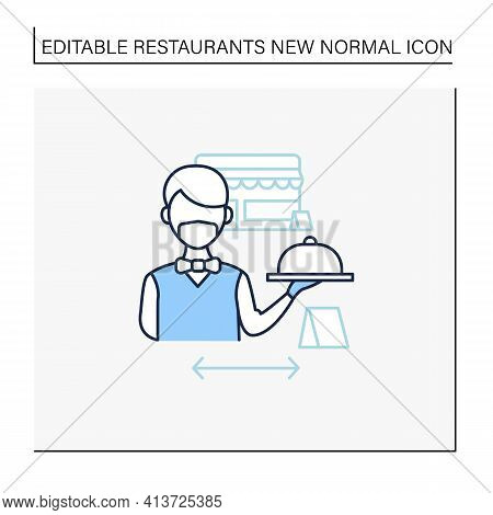 Worker Uniform Line Icon. Restaurant Worker In Face Mask And Gloves. Additional Protection. New Norm