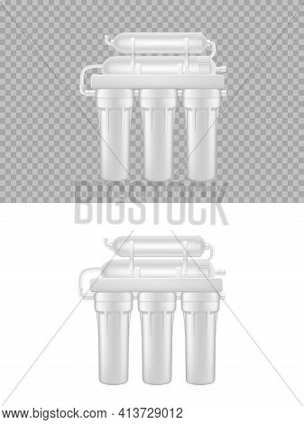 Realistic Water Filter, Reverse Osmosis Natural Fresh Aqua Purification System 3d Vector Mockup. Iso