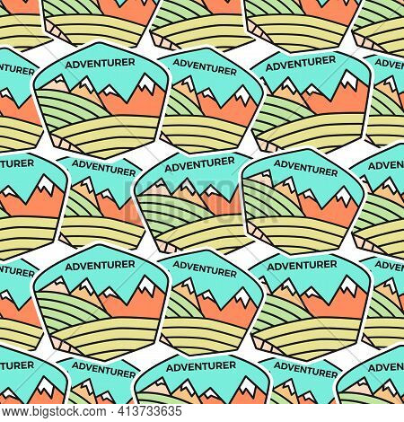 Camping Adventure Badges Pattern. Outdoor Adventurer Seamless Background With Tent, Mountains, Cabin