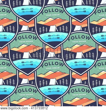 Camping Adventure Badges Pattern. Mountain Explorer Unique Seamless Background With Tent, Mountains.