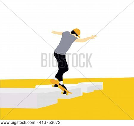Teenager Skateboarder Does An Ollie Trick. Guys In Casual Clothes Skateboarding And Showing Exciting