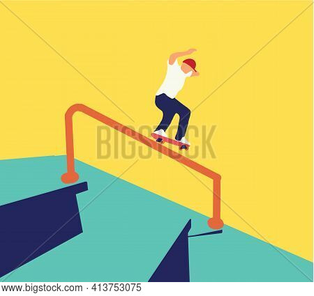 Teenager Skateboarder Does An Ollie Trick. Guys In Casual Clothes Skateboarding And Showing Exciting