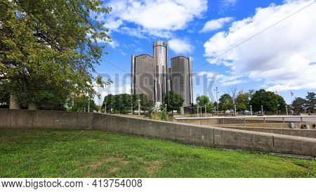 Detroit, MI USA - AUG 30, 2020: GM Renaissance Center is one of the modern iconic buildings on the Detroit Riverfront, Also tallest building in Detroit downtown.