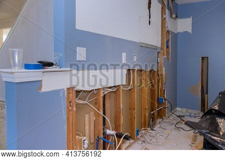 Demolition Walls From Gypsum Plasterboard Drywall With Material For Repairs In An Kitchen Is Under C