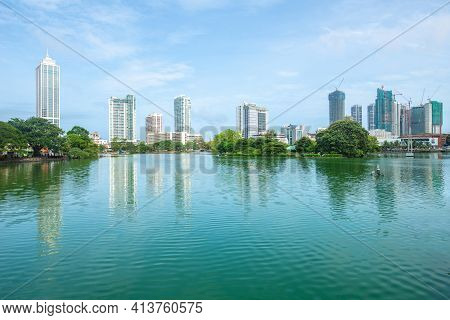 View Of Colombo Cityscape Reflection On Beira Lake A Lake In The Center Of The City. Colombo Is The 