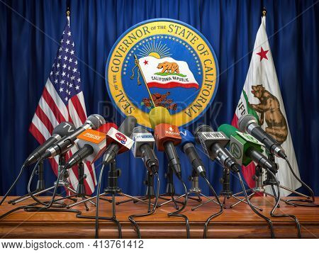 Press conference of governor of the state of California concept. Microphones TV and radio channels with symbol and flag of California state.  3d illustration