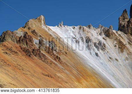 Colorful Rocky Ridge Of Eroded Crater Atop  Of Tunupa Volcano In Bolivia