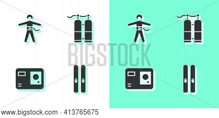 Set Ski And Sticks, Bungee Jumping, Action Extreme Camera And Aqualung Icon. Vector