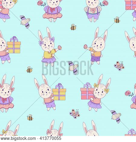 Seamless Patterns With Cute Animals. Easter Hares - Boy And Girl With Gifts And Easter Eggs On A Blu