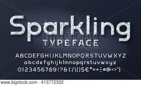 Sparkling Alphabet Font. Diamond Luxury Letters, Numbers And Punctuations. Uppercase And Lowercase. 