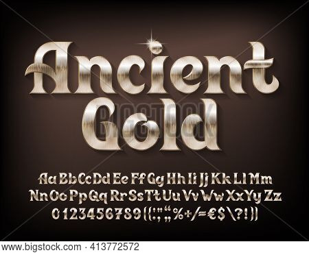 Ancient Gold Alphabet Font. Beveled Golden Letters, Numbers And Punctuations. Uppercase And Lowercas