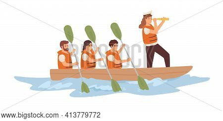 Leader And Team Of Employees Rowing In Boat Toward Corporate Goal. Concept Of Strategy, Leadership, 