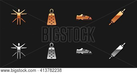 Set Vitruvian Man, Grater, Men Shoes And Rolling Pin Icon. Vector