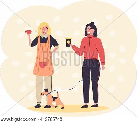 Happy Young Woman Walking With Dog And Cup Of Coffee. Female Character Drinking Hot Drink Outdoor