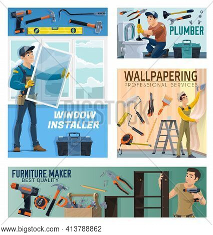 House Repair, Apartment Renovation Workers Banner. Windows Installer, Plumber Unclogging Toilet And 
