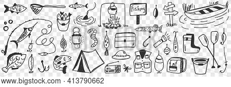 Fishing Tools And Accessories Doodle Set. Collection Of Hand Drawn Hooks Camping Worm Clothing Bucke