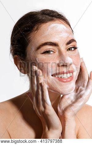 Beauty Woman Using Cleansing Foam For Fresh And Hydrated Skincare Routine, Treating Face From Acne A
