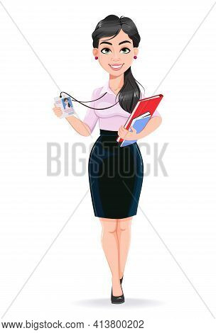Beautiful Successful Business Woman Cartoon Character Holding Badge And Documents. Usable As Manager