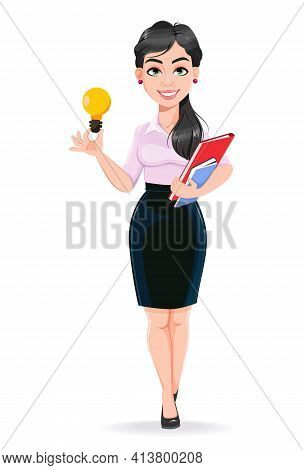 Beautiful Successful Business Woman Cartoon Character Having A Good Idea. Usable As Manager, Secreta