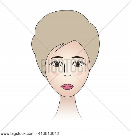The Girls Face. Woman Full Face. Colored Vector Illustration. Blonde With Brown Eyes. Short Pixie Ha