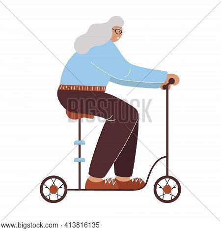 Old Woman Riding An Electric Seated Kick Scooter.