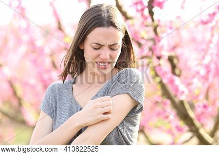 Stressed Woman Scratching Itchy Arm After Insect Bite In A Field Of Peach Trees In Spring Time