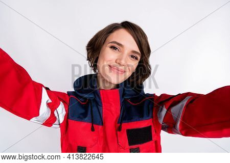 Photo Of Optimistic Nice Brunette Lady Do Selfie Wear Uniform Isolated On Grey Color Background