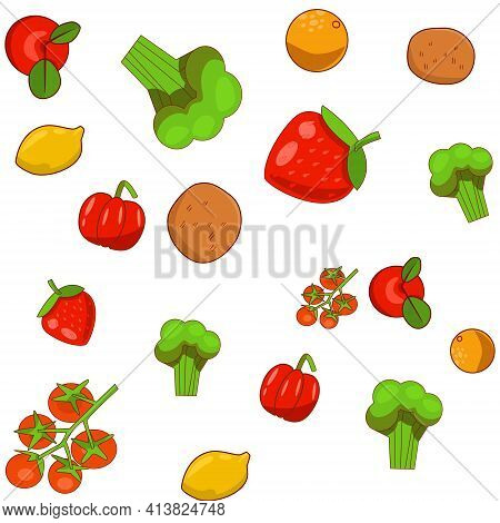 Seamless Pattern With Fruits And Vegetables. Vitamin C Sources Concept. Flat Vector Illustration.