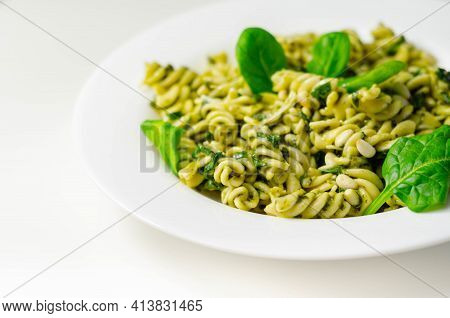 Pesto And Pine Nut Pasta Salad, Fusilli Pasta With Regato Cheese And Baby Spinach Coated In Basil Pe
