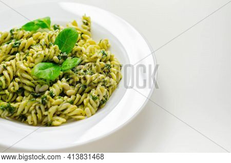 Pesto And Pine Nut Pasta Salad, Fusilli Pasta With Regato Cheese And Baby Spinach Coated In Basil Pe