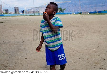 Medellin, Colombia  November 4 2020 A Local Boy From Comuna 13 In Medellin Walking On The Soccer Fie