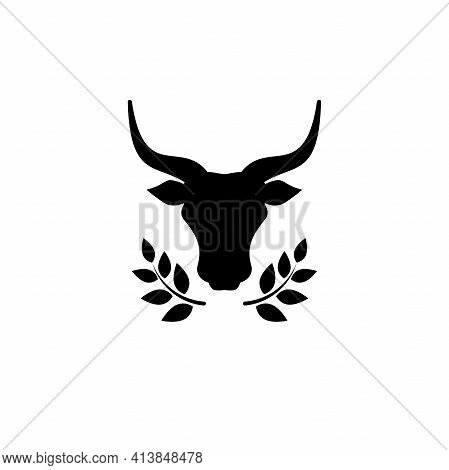 Bull Head With Laures Wreath. Ox. Cow Line Sign. Farm Animal. Beef Or Milk Symbol. Brand Label. Vect