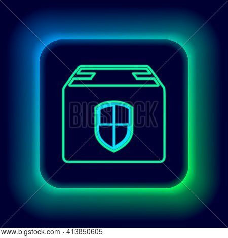 Glowing Neon Line Delivery Pack Security Symbol With Shield Icon Isolated On Black Background. Deliv