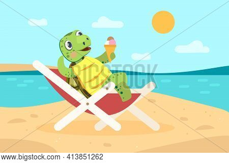 Happy Turtle Relaxing On Sea Beach With Ice Cream. Deckchair, Vacation, Sun Flat Vector Illustration