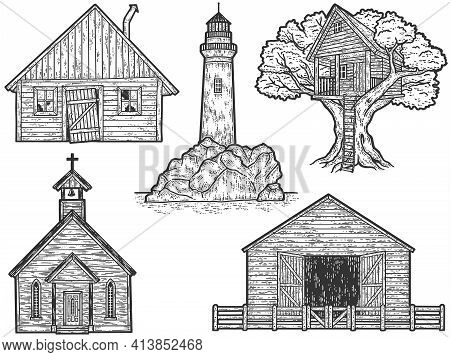 Set Of Old Vintage Buildings. Sketch Scratch Board Imitation.