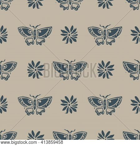 Handmade Carved Garden Butterfly Block Print Seamless Pattern. Rustic Heritage Folk Art Bug Backgrou