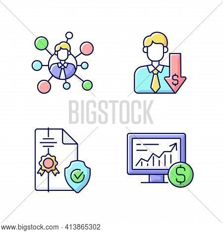 Brokerage Service Rgb Color Icons Set. Broker Connection. Discount, Financial Recession. Intellectua