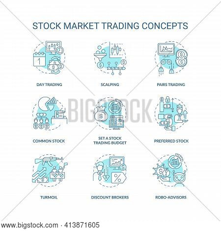 Stock Market Trading Concept Icons Set. Investing In Stock Idea Thin Line Rgb Color Illustrations. C